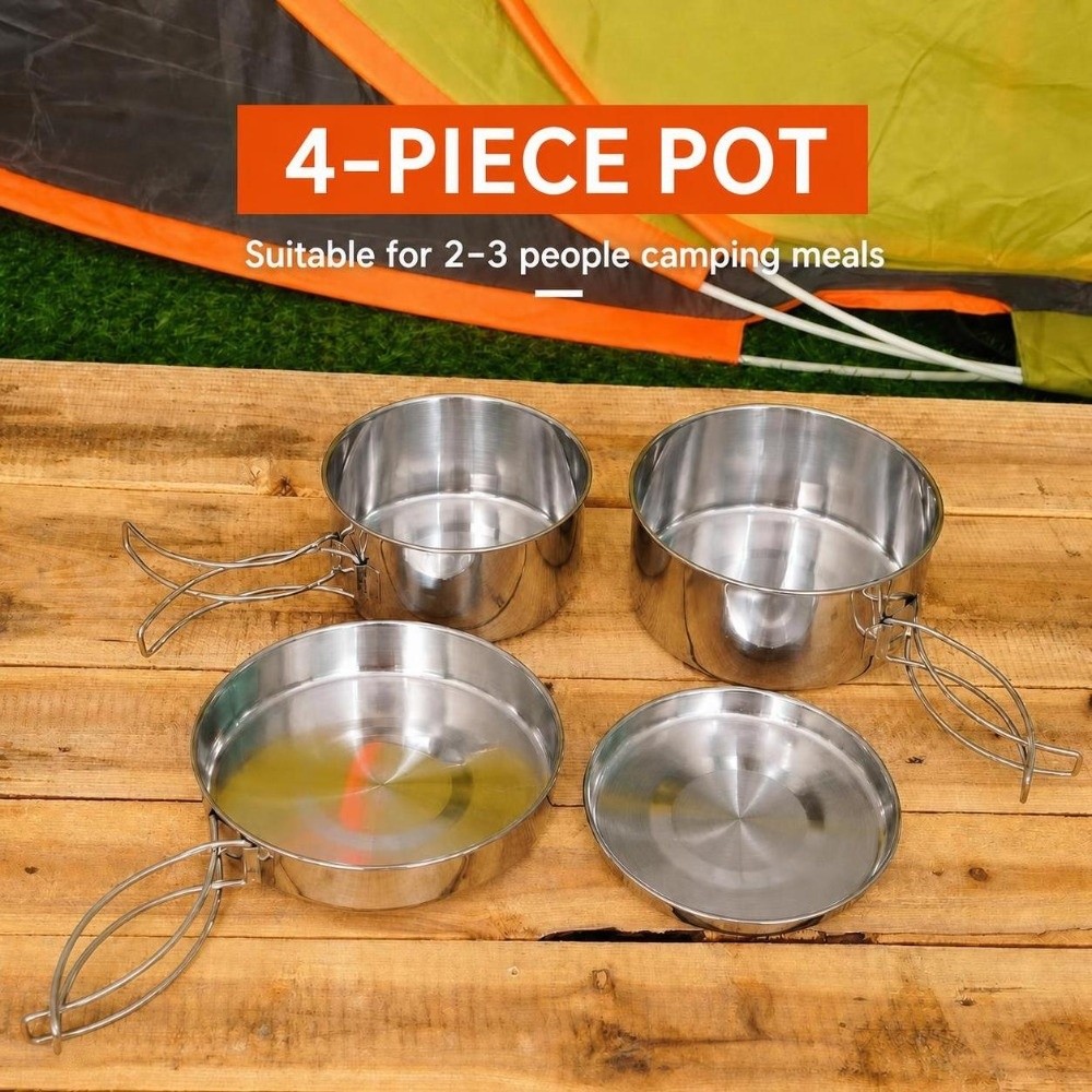 Camping Cooking Pots And Pans - 4 Pcs Portable Stainless Steel Camping